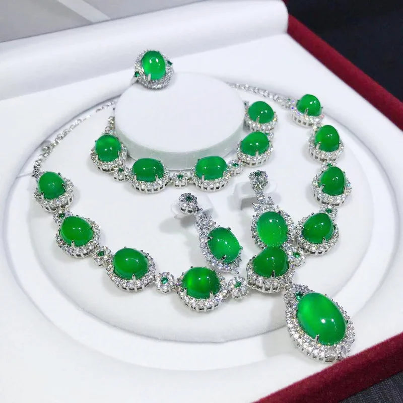 Handmade Jade Diamond Jewelry set 925 Sterling Silver Wedding Ring Earring Necklace Bracelet For Women Bridal Engagement Jewelry