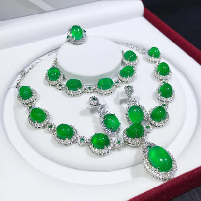 Handmade Jade Diamond Jewelry set 925 Sterling Silver Wedding Ring Earring Necklace Bracelet For Women Bridal Engagement Jewelry